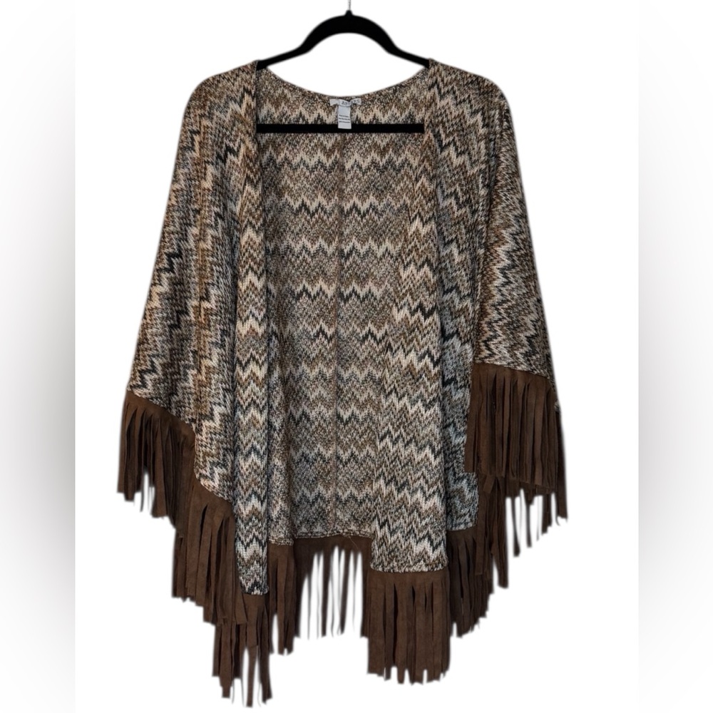 Astars Brown Chevron Fringe Open-Front Poncho